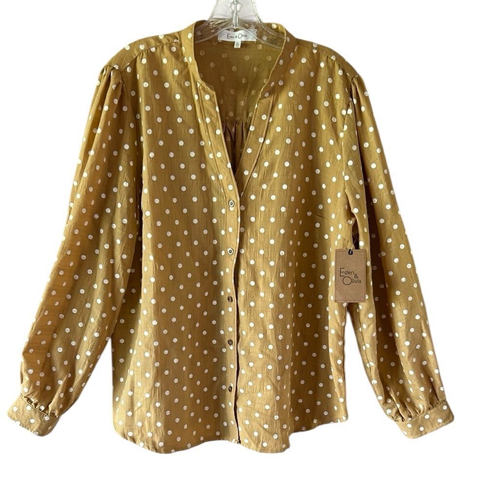 NEW Eden & Olivia Mustard Puff Sleeve Blouse with Mandarin Collar